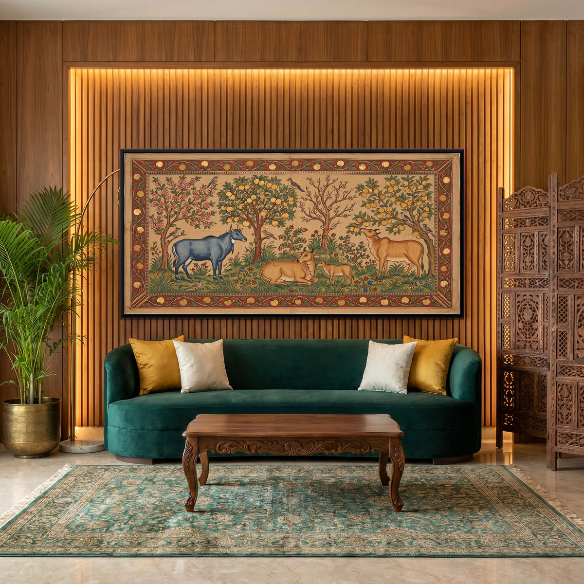 Nilgai Beneath Fruiting Trees - canvas art shown in a styled room