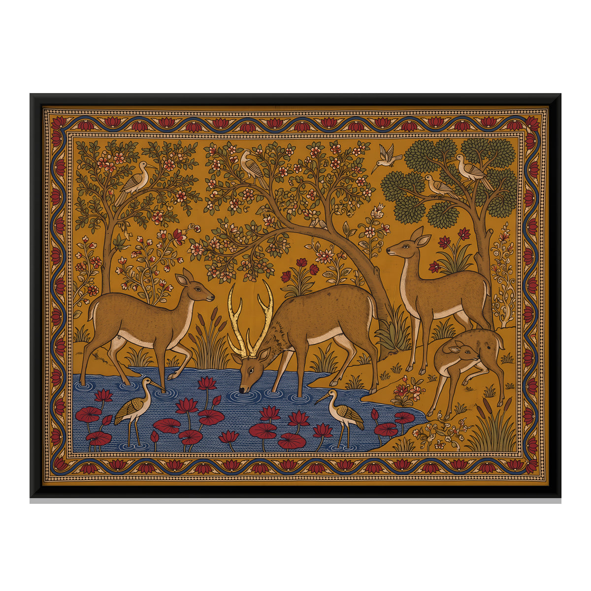 Deer at a Lotus Pool - framed canvas print, front view