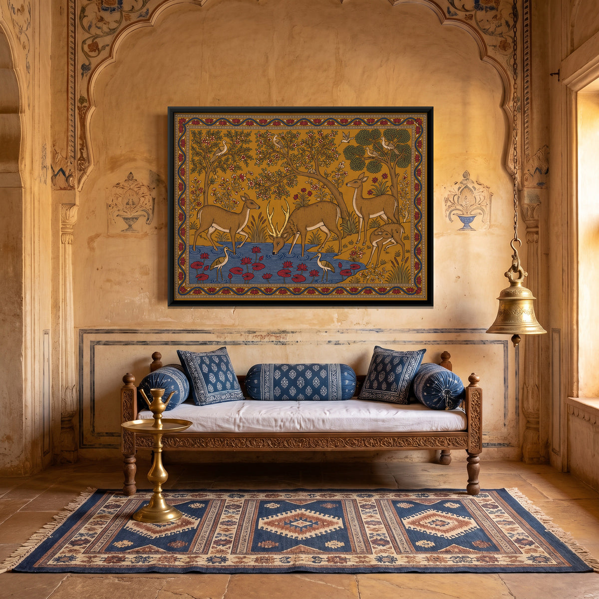 Deer at a Lotus Pool - canvas art shown in a styled room