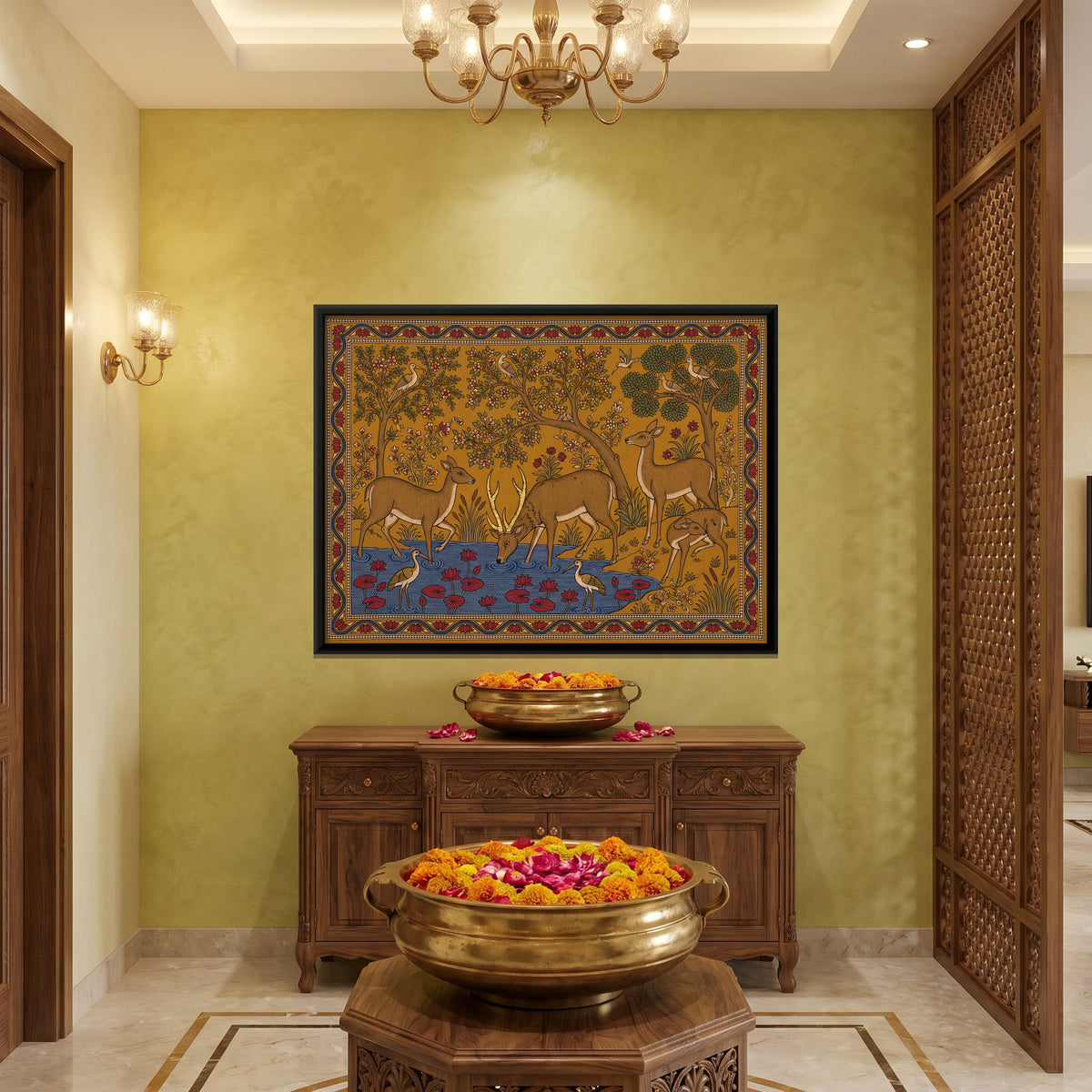 Deer at a Lotus Pool - canvas art shown in a second room setting