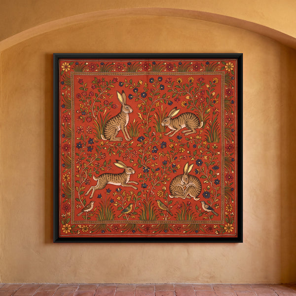 Four Hares Among Flowering Vines and Birds