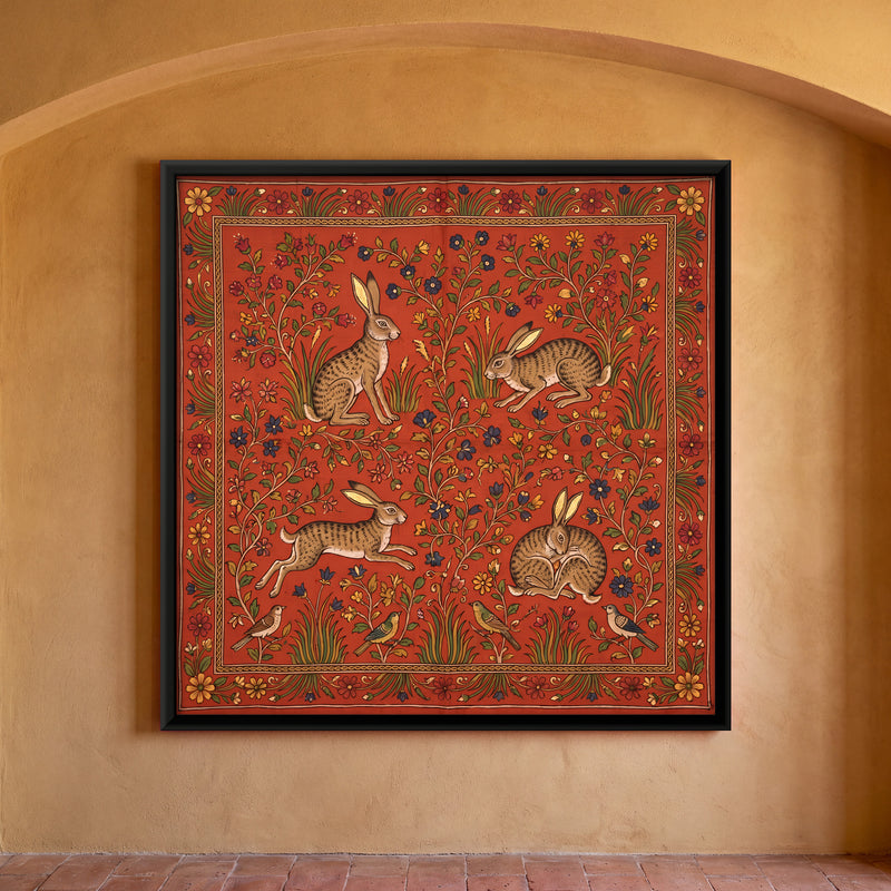 Four Hares Among Flowering Vines - framed canvas art hung on a wall