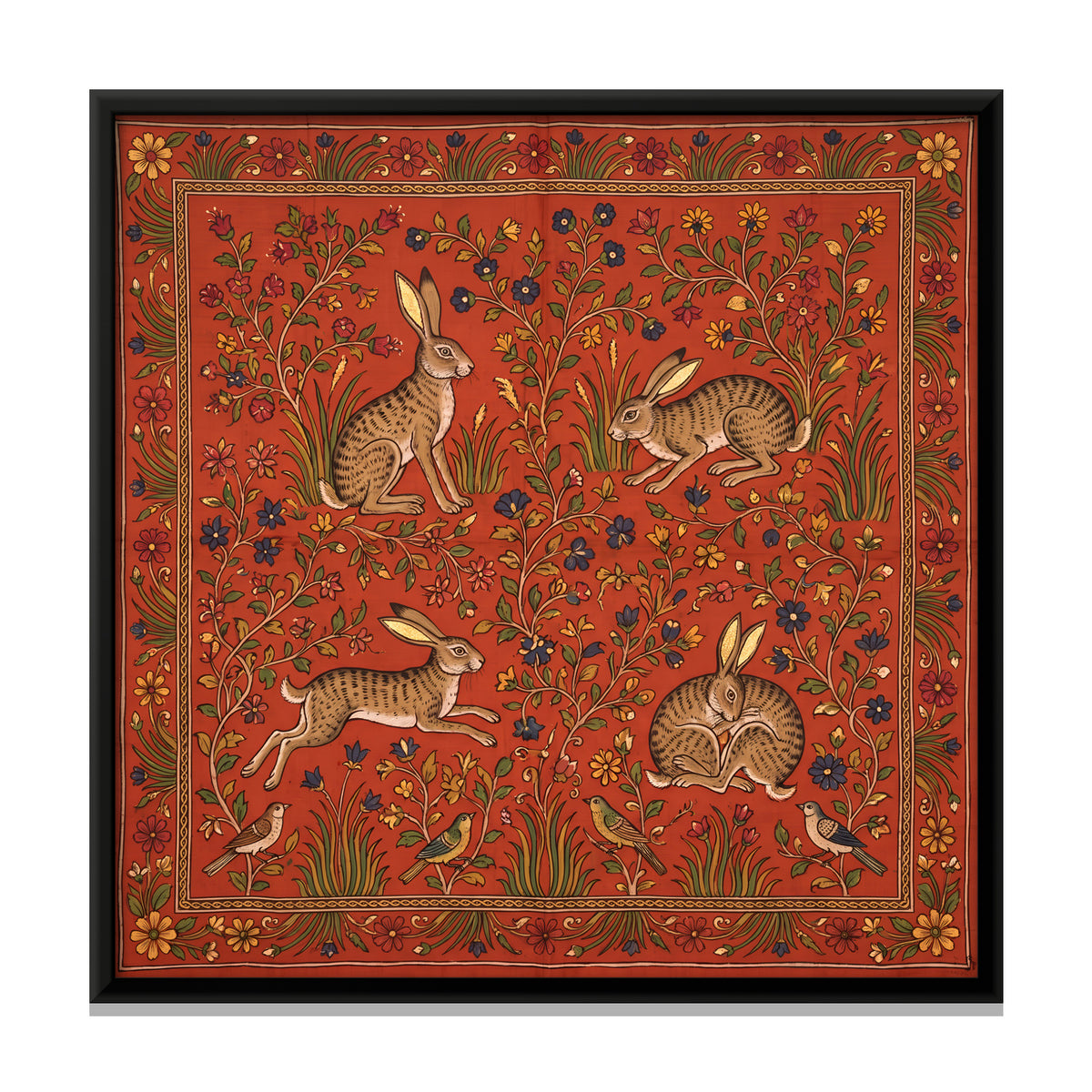 Four Hares Among Flowering Vines - framed canvas print, front view