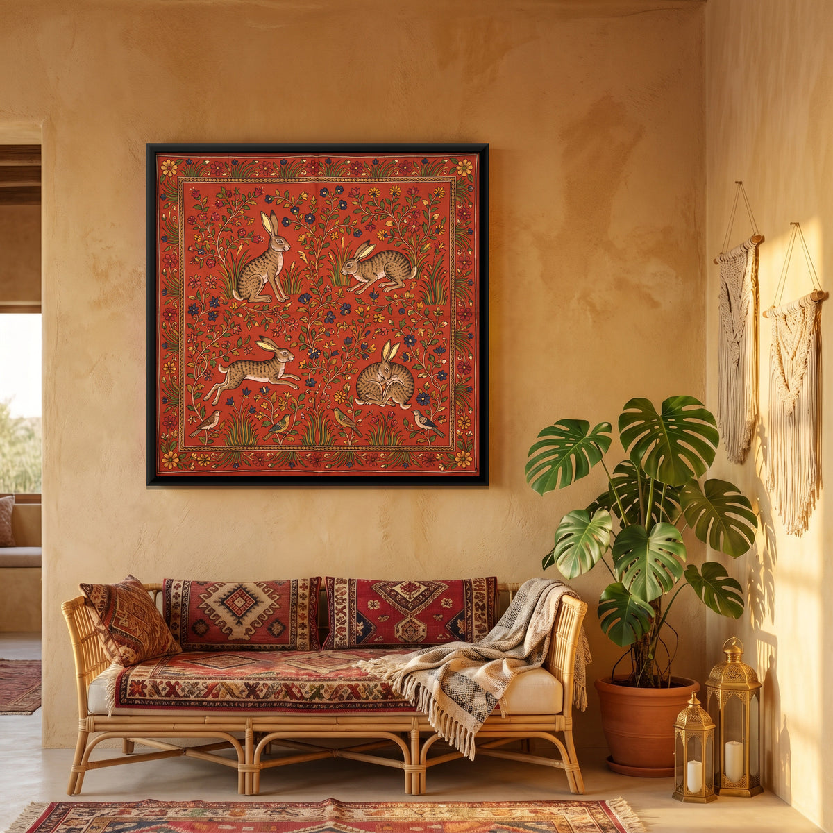 Four Hares Among Flowering Vines - canvas art shown in a styled room