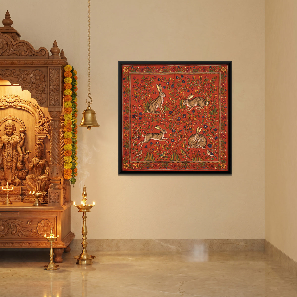 Four Hares Among Flowering Vines - canvas art shown in a second room setting