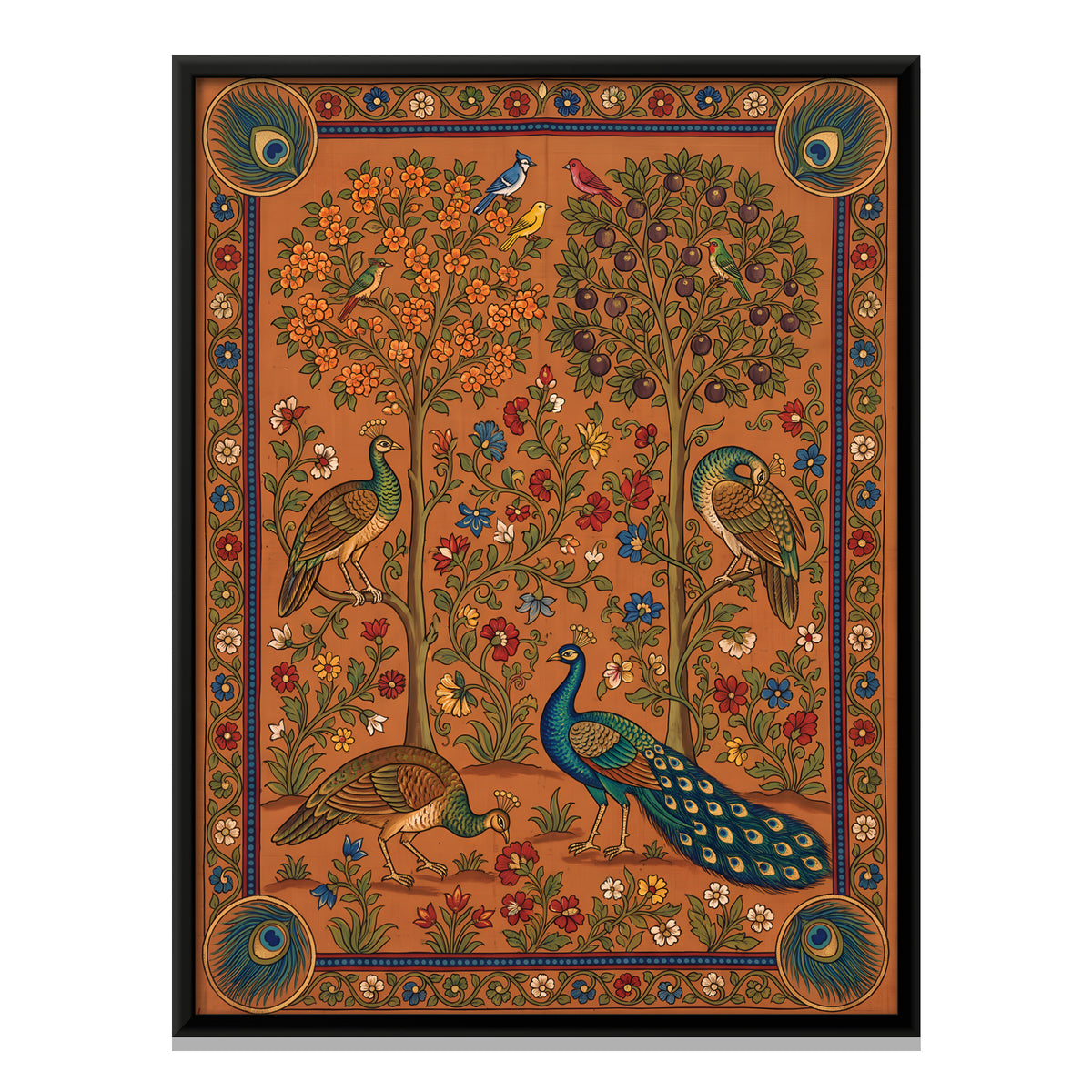Peacocks in a Flowering Grove - framed canvas print, front view