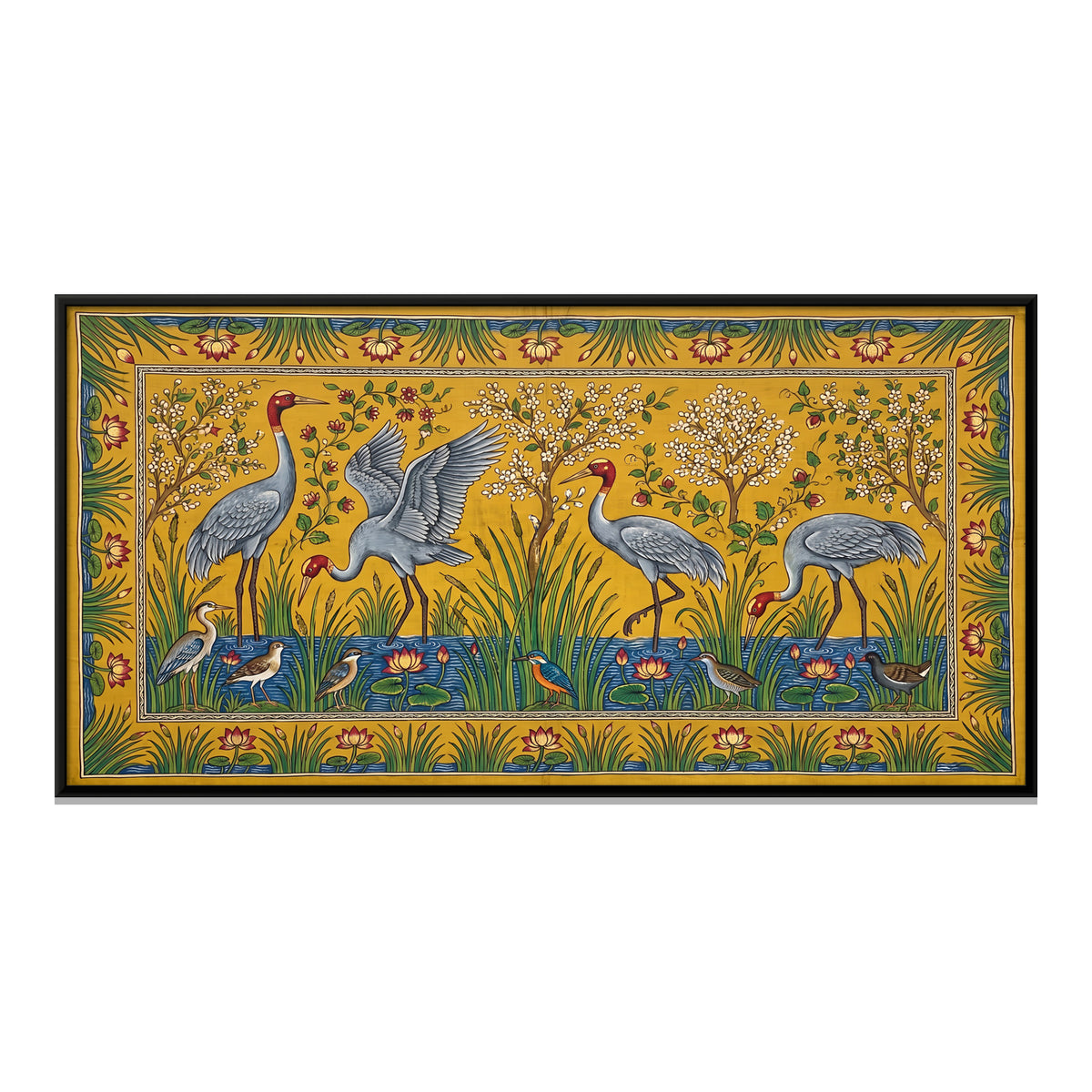 Cranes Beside a Lotus Pool - framed canvas print, front view