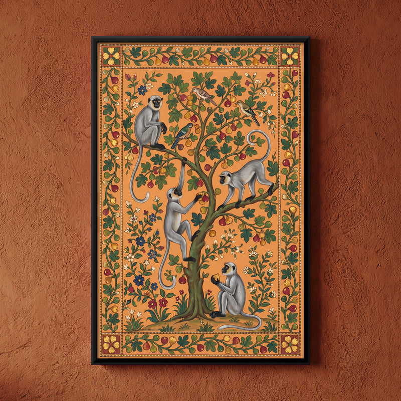Langurs in a Fruit Tree - framed canvas art hung on a wall