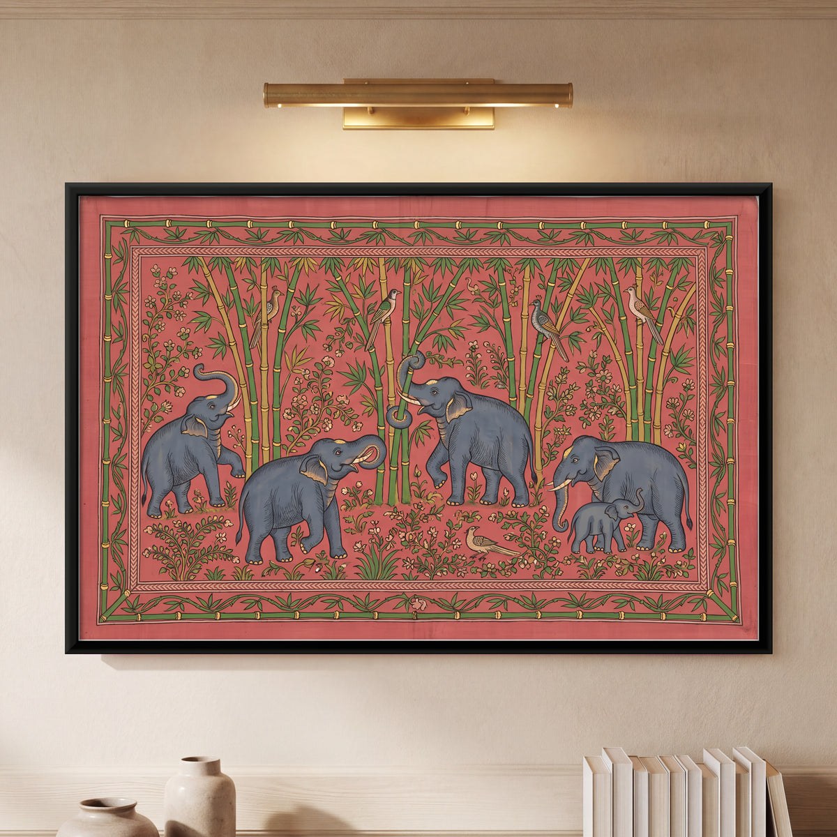 Elephants Among Bamboo - framed canvas art hung on a wall