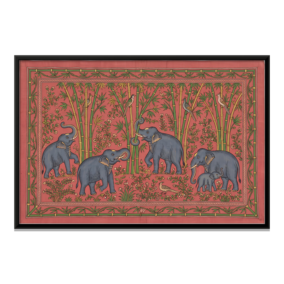 Elephants Among Bamboo - framed canvas print, front view