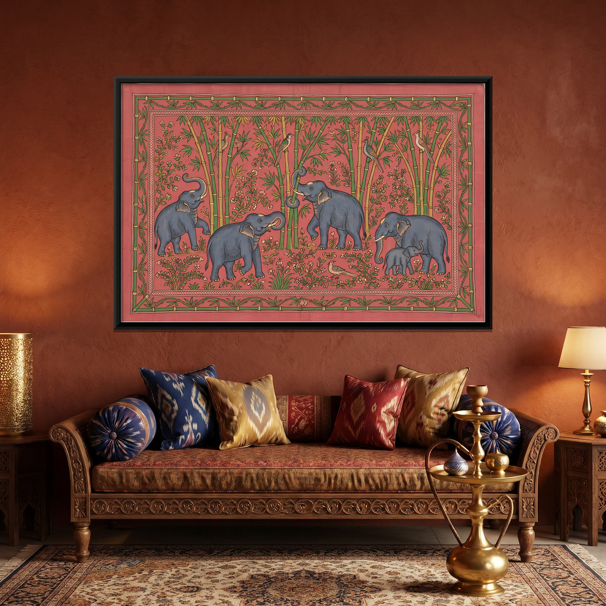 Elephants Among Bamboo - canvas art shown in a styled room