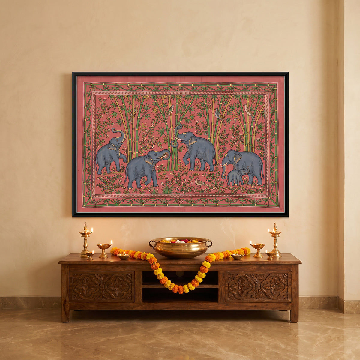 Elephants Among Bamboo - canvas art shown in a second room setting