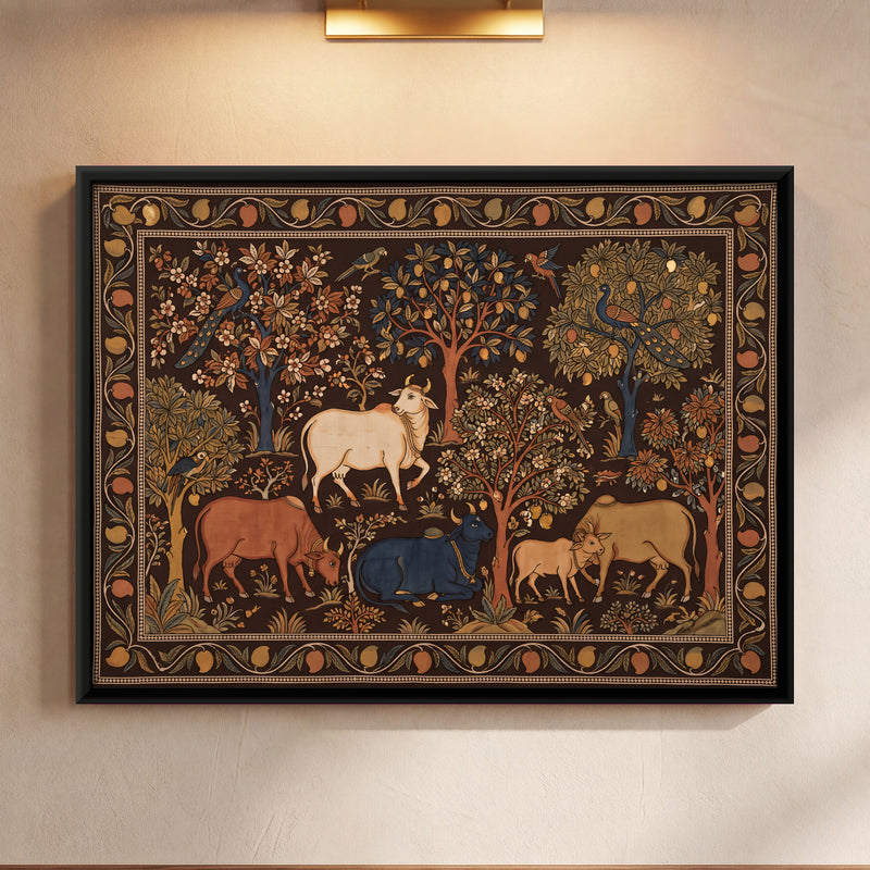 Cows in a Flowering Grove - framed canvas art hung on a wall
