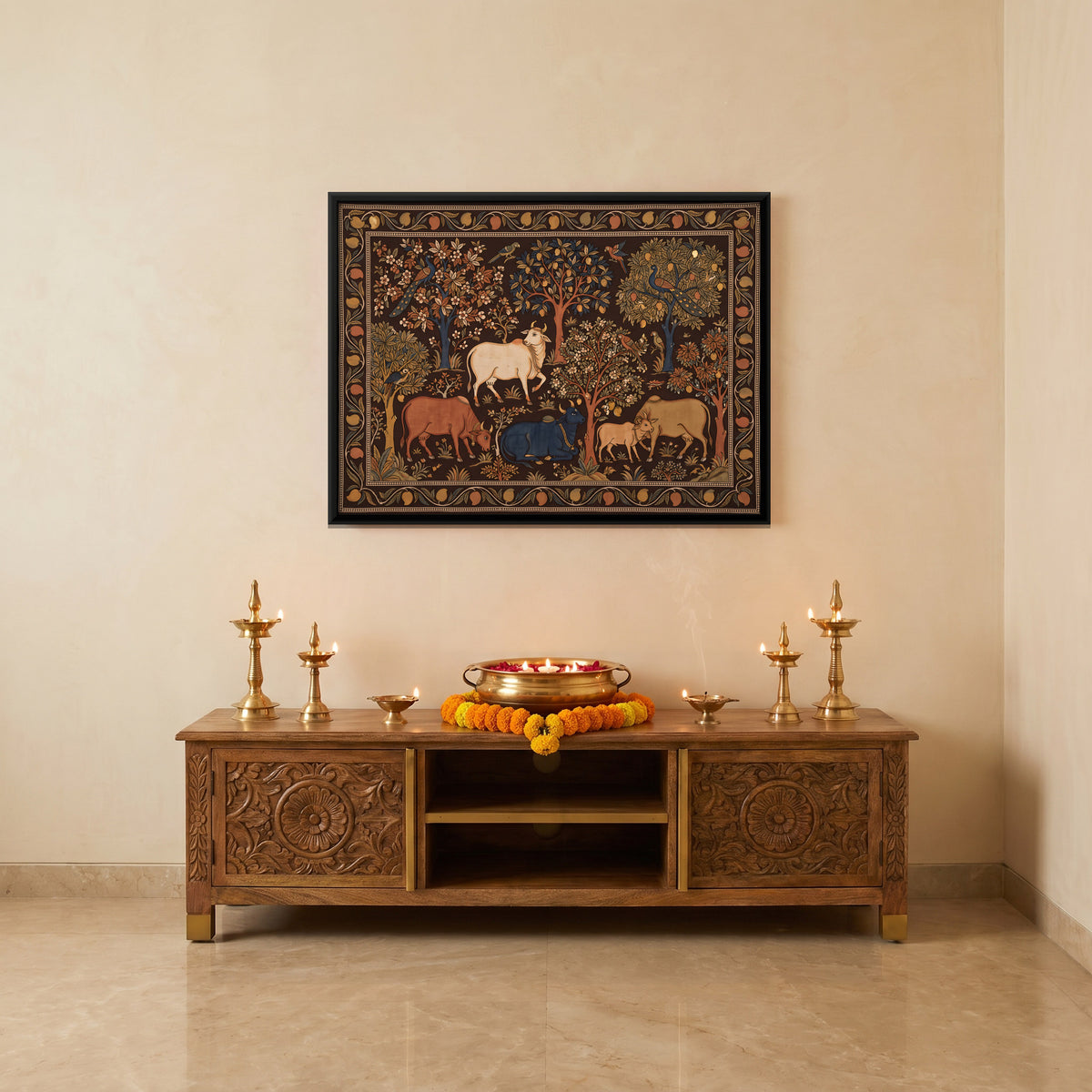 Cows in a Flowering Grove - canvas art shown in a styled room