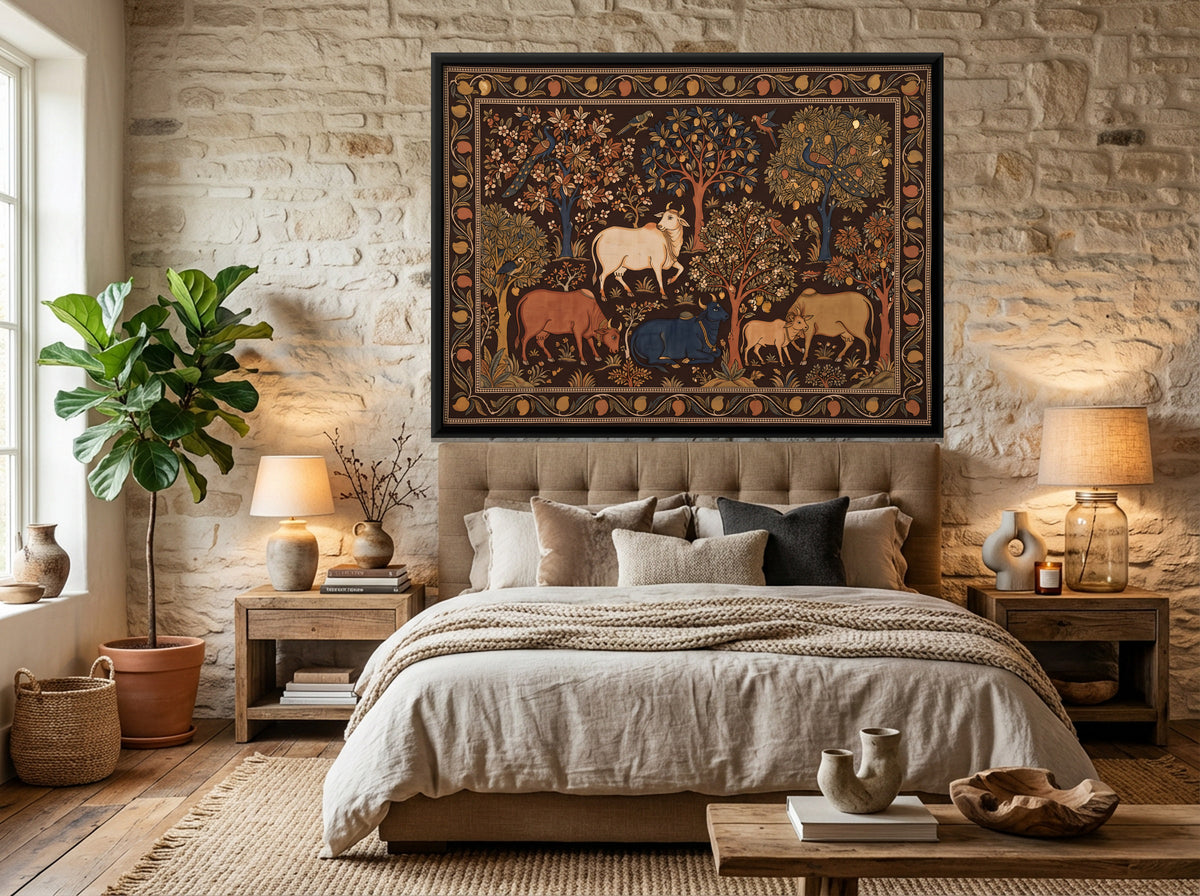 Cows in a Flowering Grove - canvas art shown in a second room setting