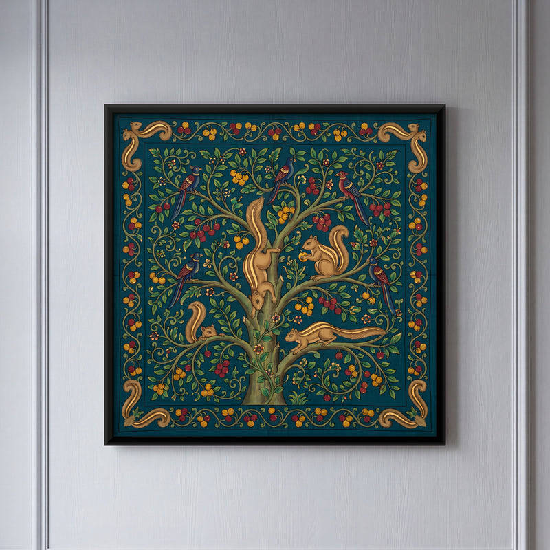 Squirrels in a Fruit Tree - framed canvas art hung on a wall