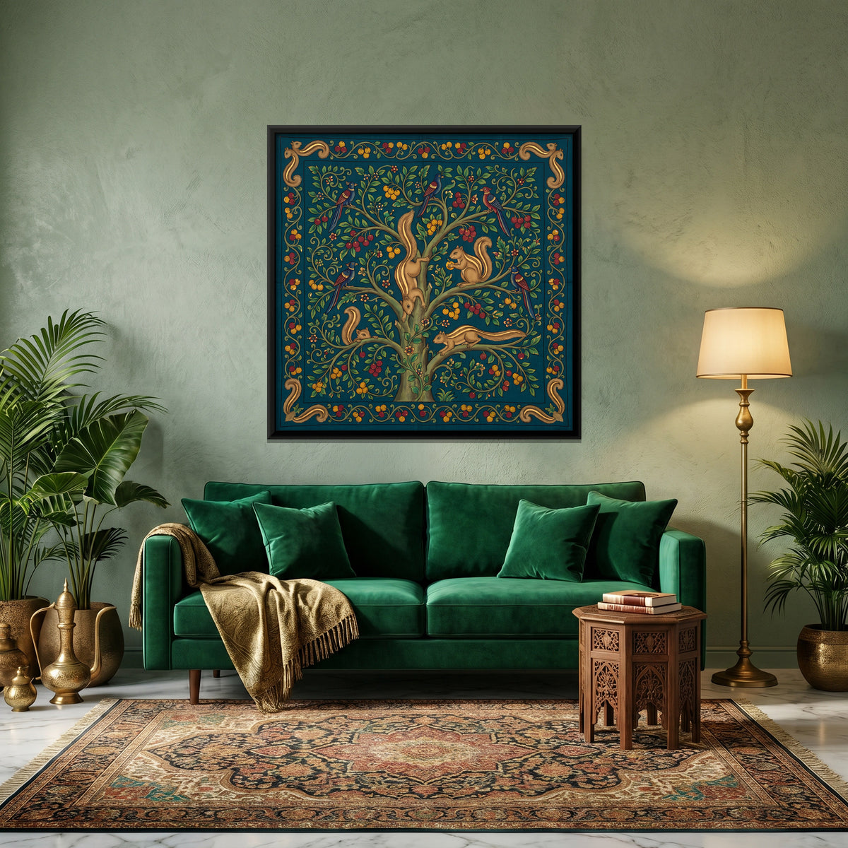 Squirrels in a Fruit Tree - canvas art shown in a styled room