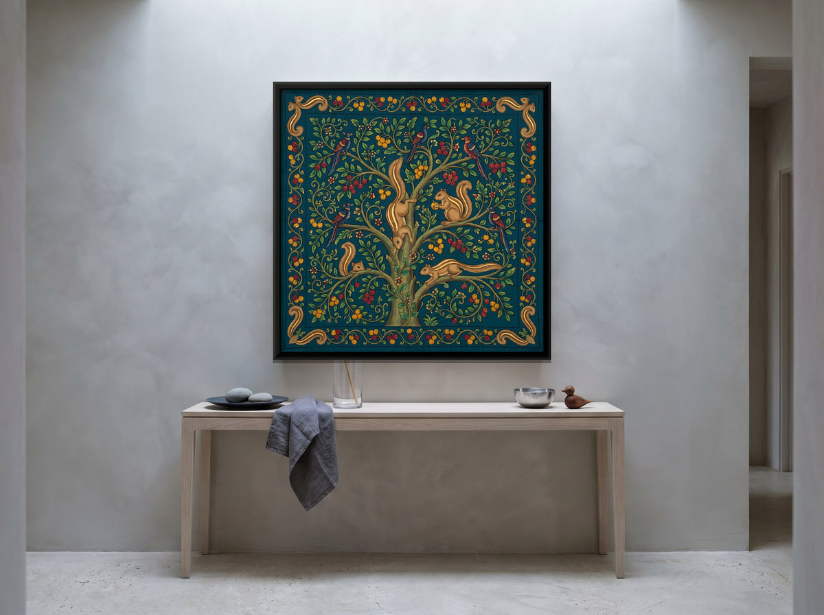 Squirrels in a Fruit Tree - canvas art shown in a second room setting