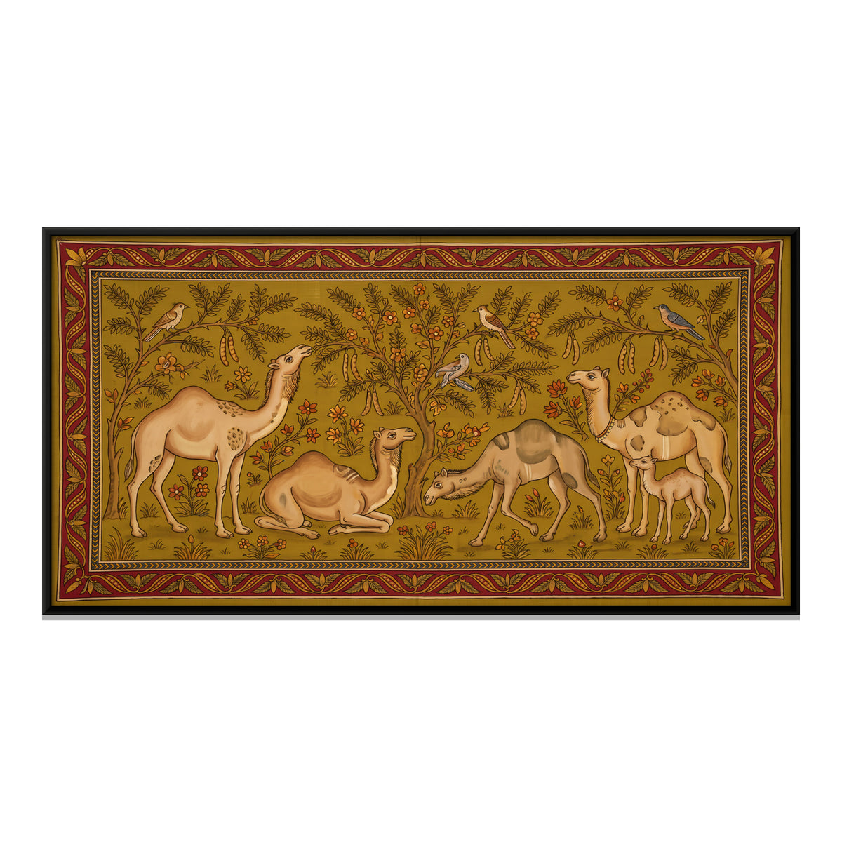 Camels Among Desert Trees - framed canvas print, front view