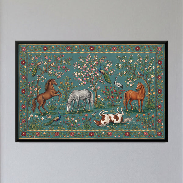 Four Horses in a Meadow with Peacocks and Trees