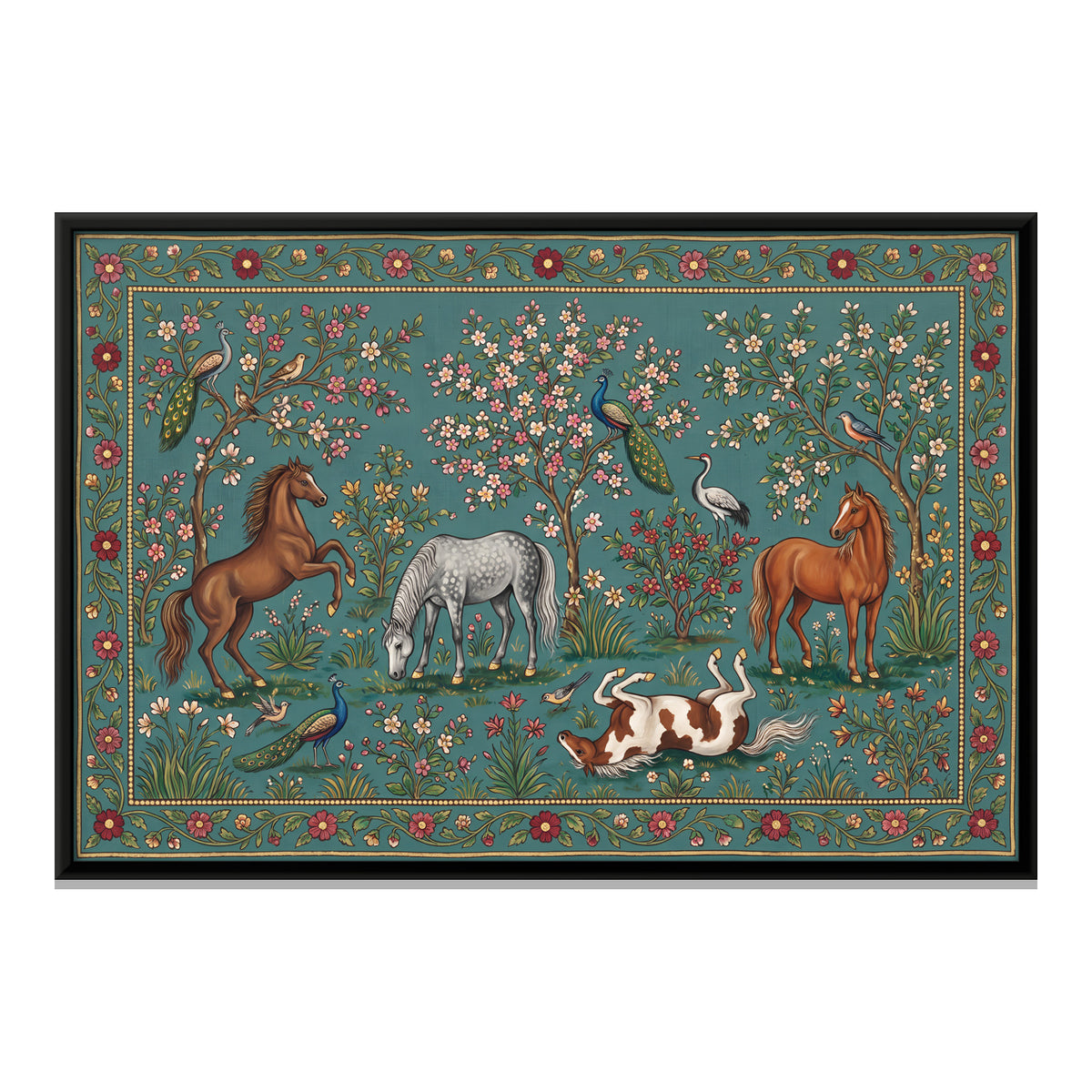 Four Horses in a Flowering Meadow - framed canvas print, front view