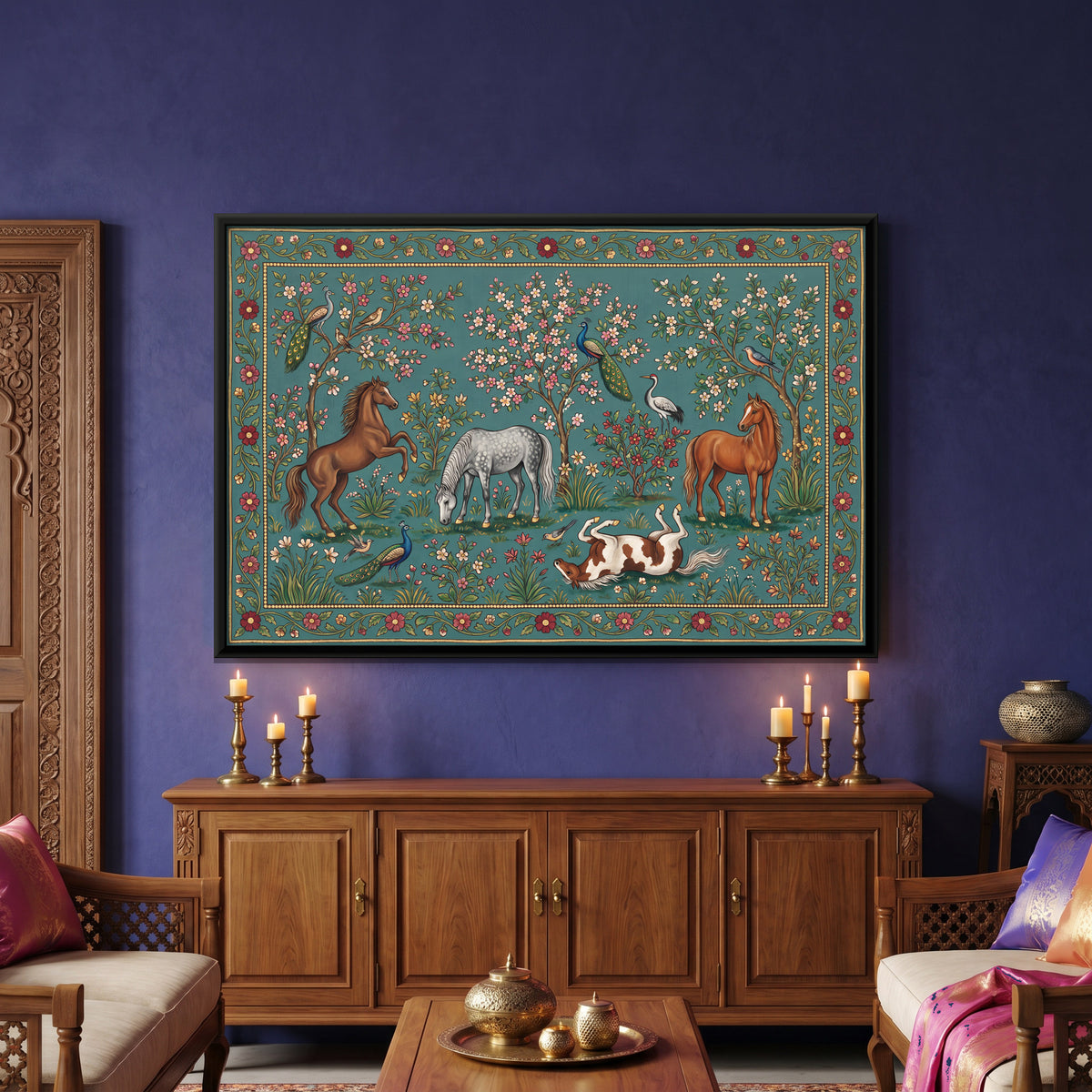 Four Horses in a Flowering Meadow - canvas art shown in a styled room