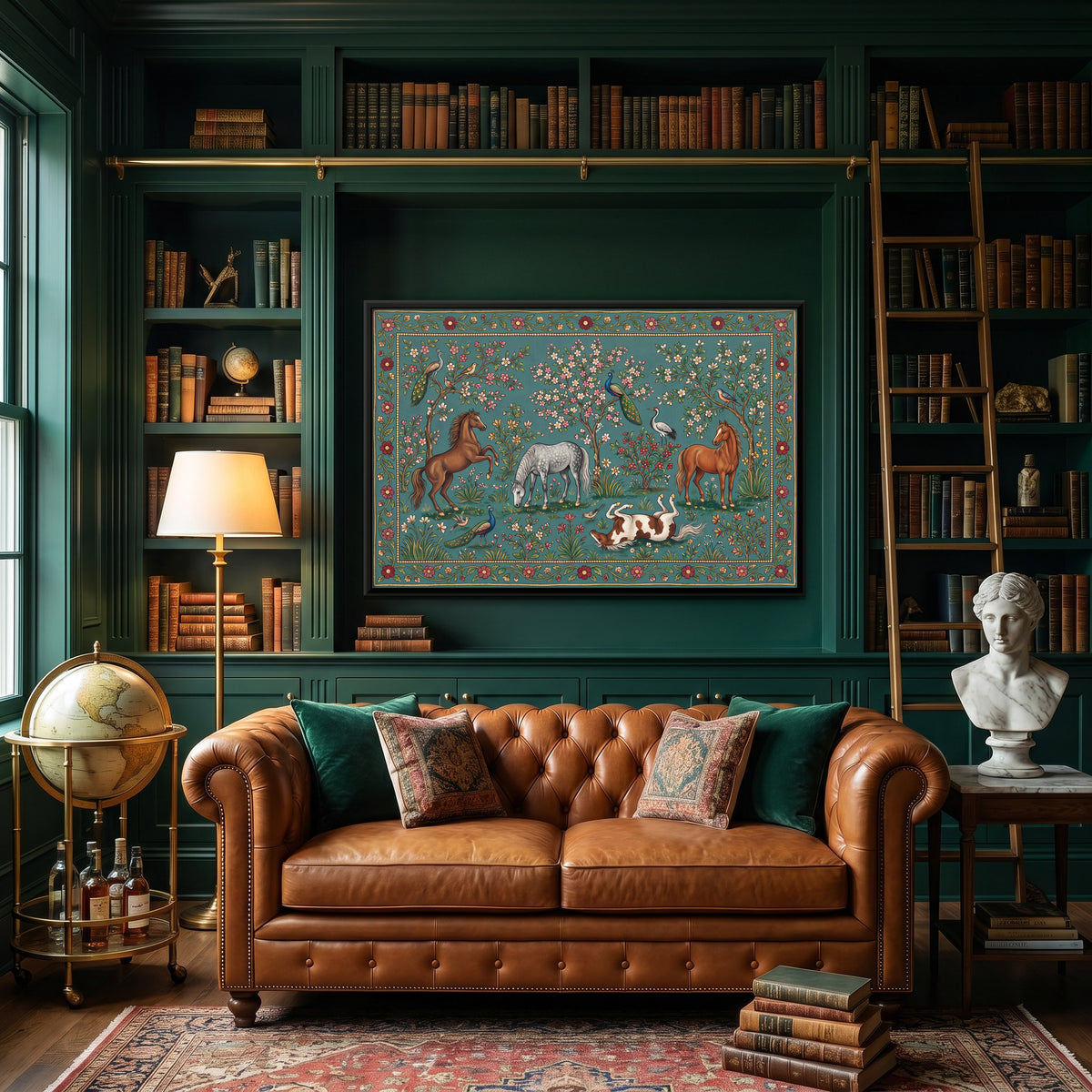 Four Horses in a Flowering Meadow - canvas art shown in a second room setting