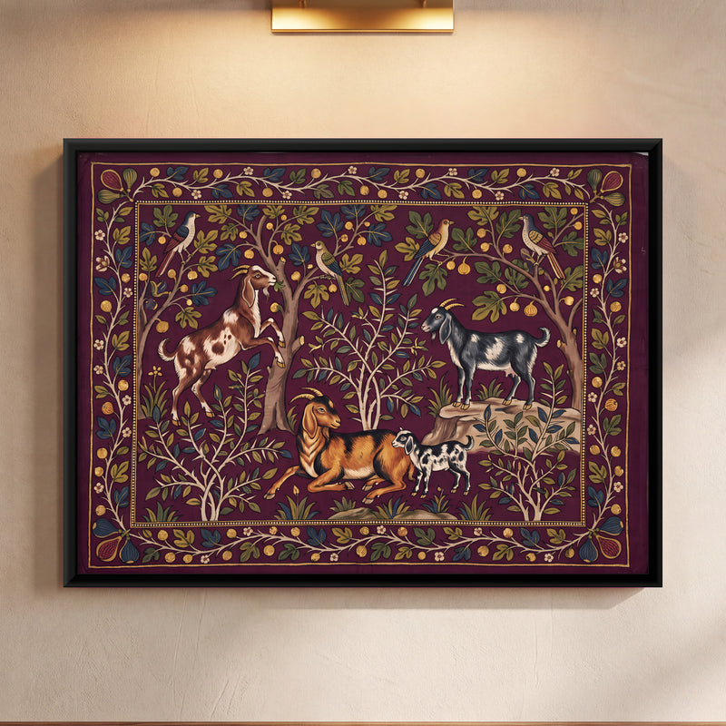 Goats Among Fruit Trees - framed canvas art hung on a wall