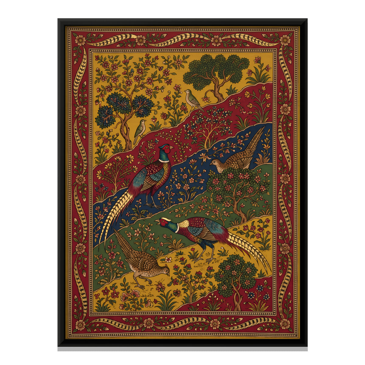 Pheasants on a Flowering Hillside - framed canvas print, front view