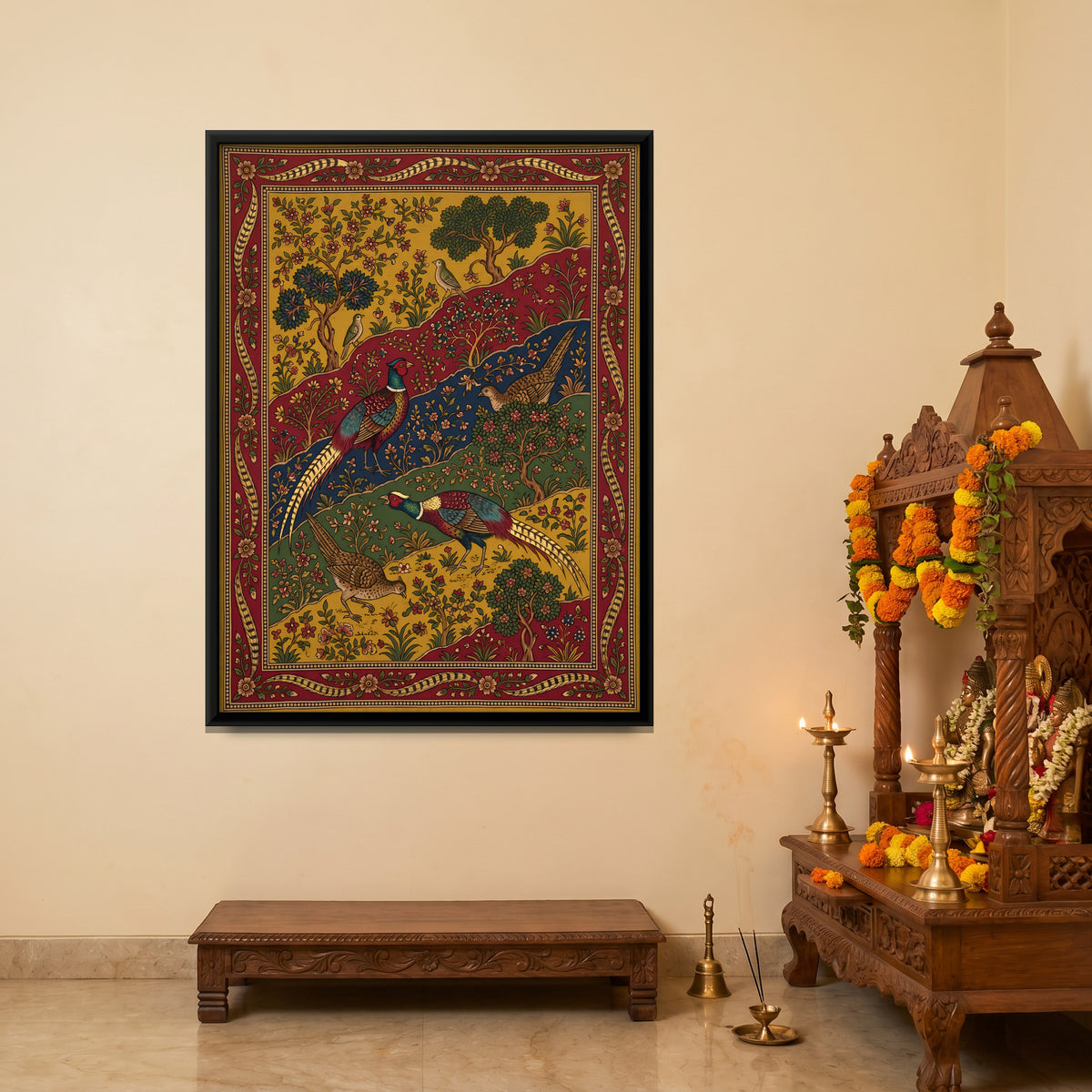Pheasants on a Flowering Hillside - canvas art shown in a styled room