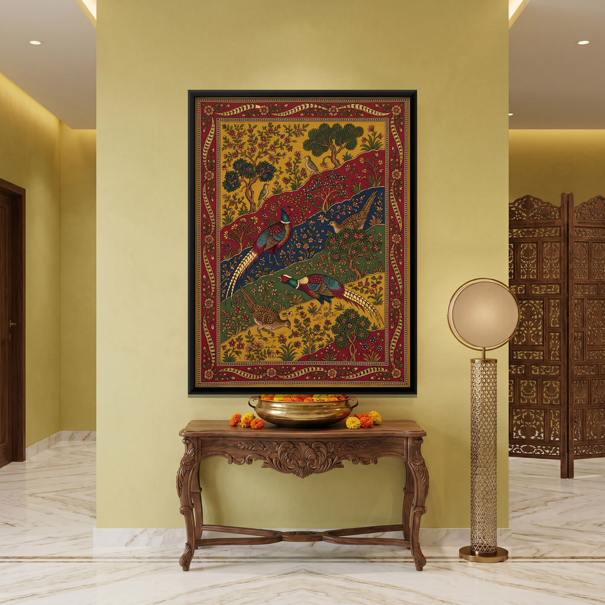 Pheasants on a Flowering Hillside - canvas art shown in a second room setting