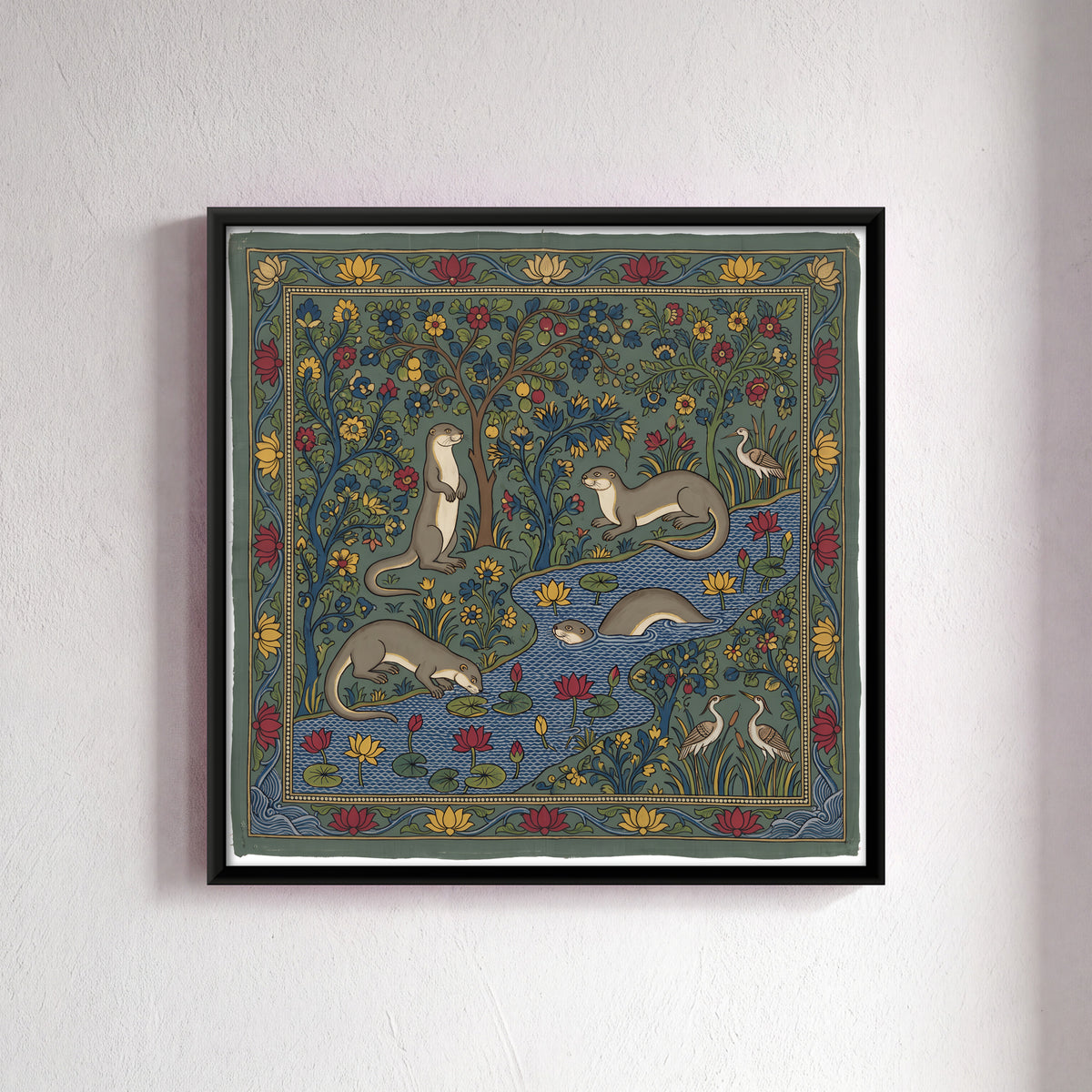 Otters at a Lotus Pool - framed canvas art hung on a wall