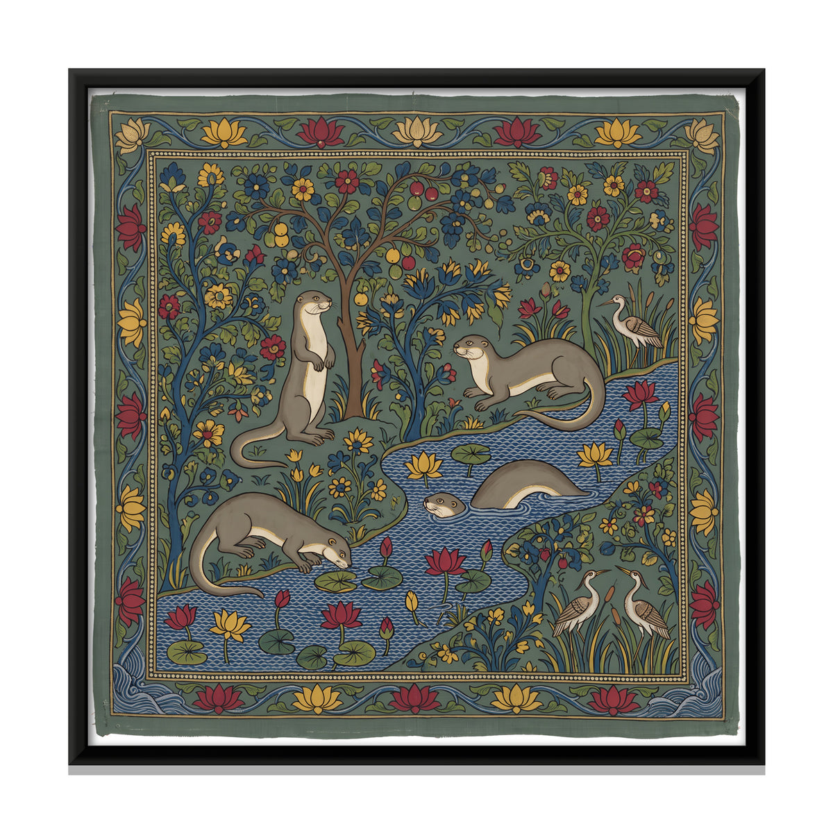 Otters at a Lotus Pool - framed canvas print, front view
