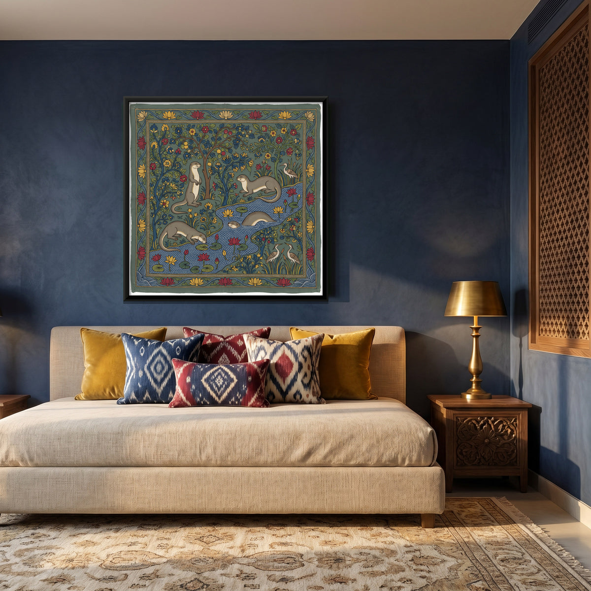 Otters at a Lotus Pool - canvas art shown in a styled room