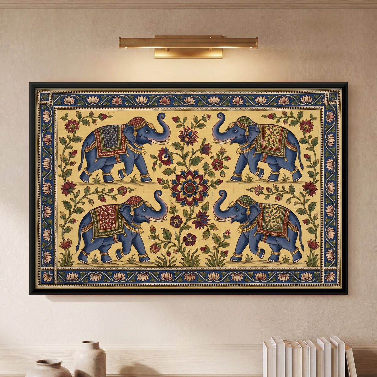 Four Elephants Around a Lotus - framed canvas art hung on a wall