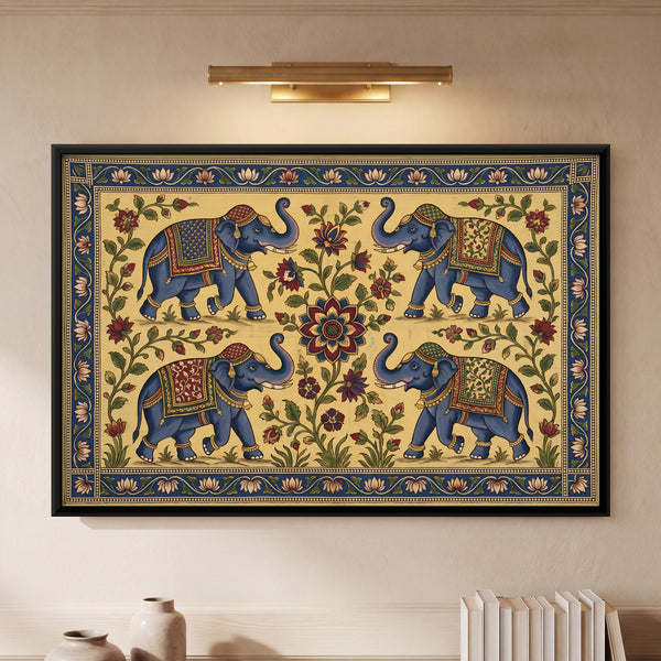 Four Blue Elephants Around a Central Lotus