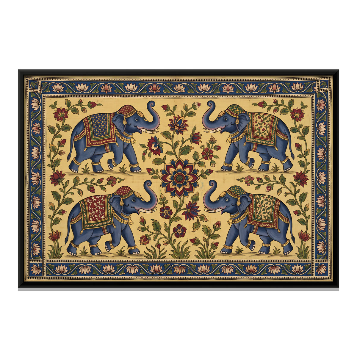 Four Elephants Around a Lotus - framed canvas print, front view