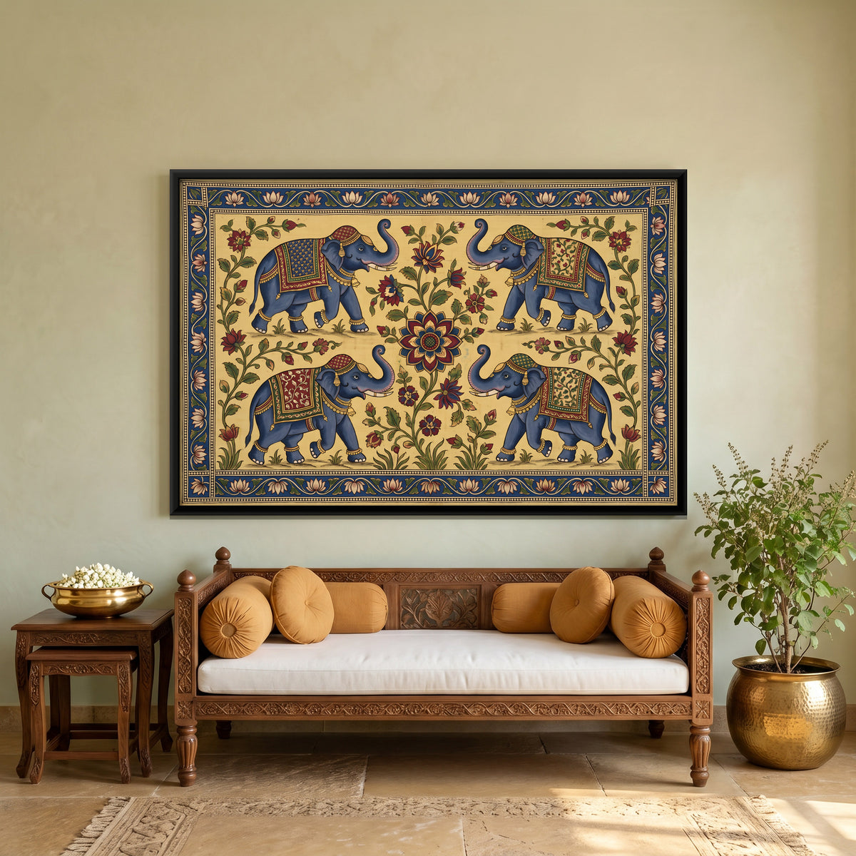 Four Elephants Around a Lotus - canvas art shown in a styled room