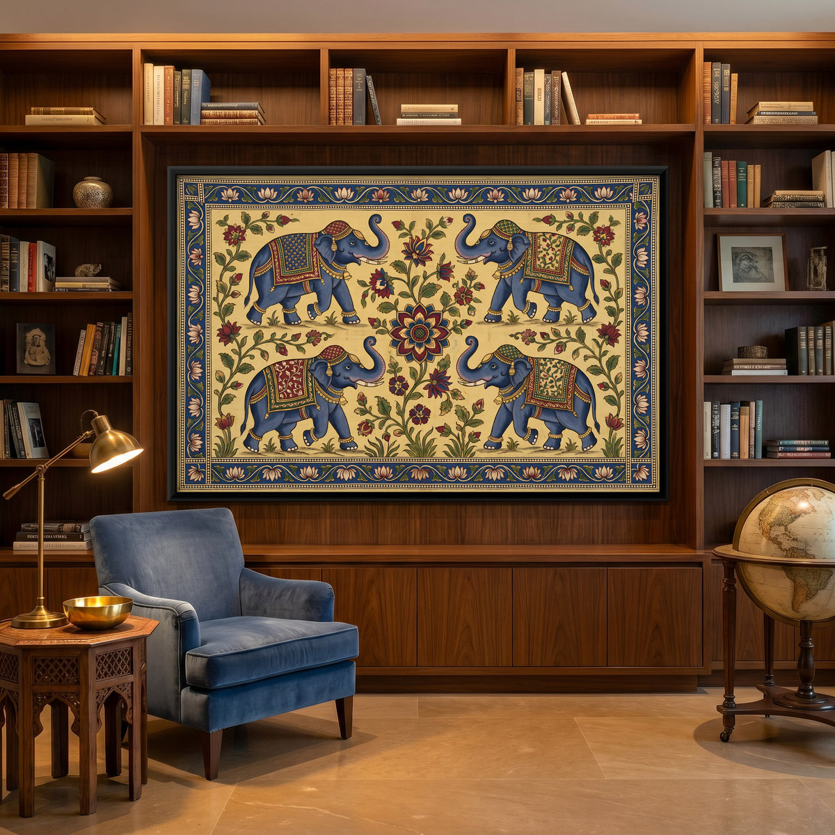 Four Elephants Around a Lotus - canvas art shown in a second room setting