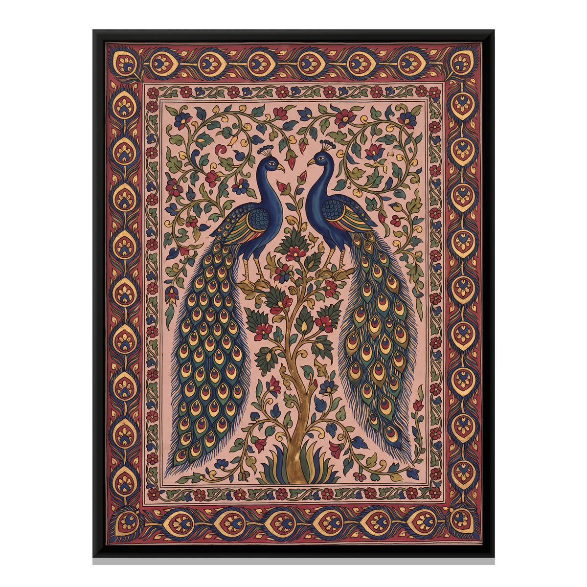 Peacock Pair on a Flowering Tree - framed canvas print, front view