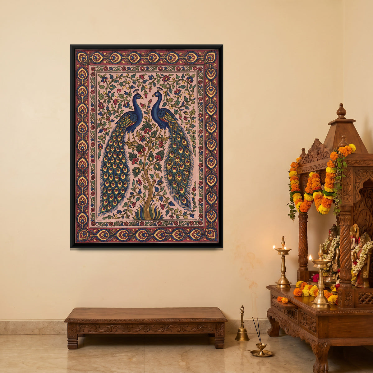 Peacock Pair on a Flowering Tree - canvas art shown in a second room setting