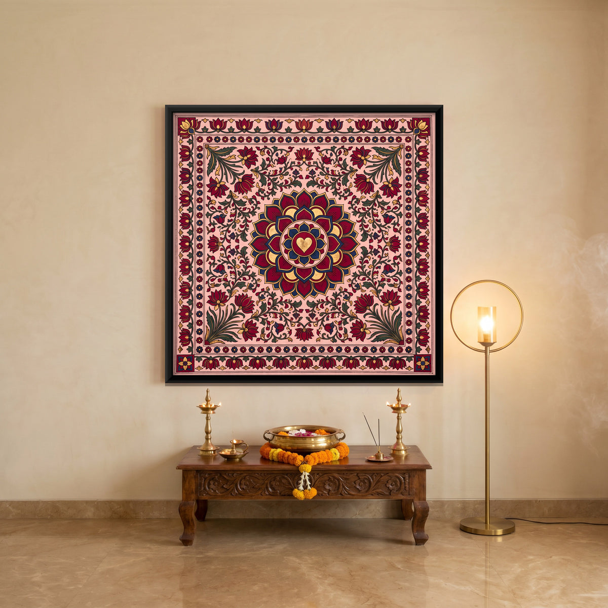 Lotus Medallion - canvas art shown in a styled room