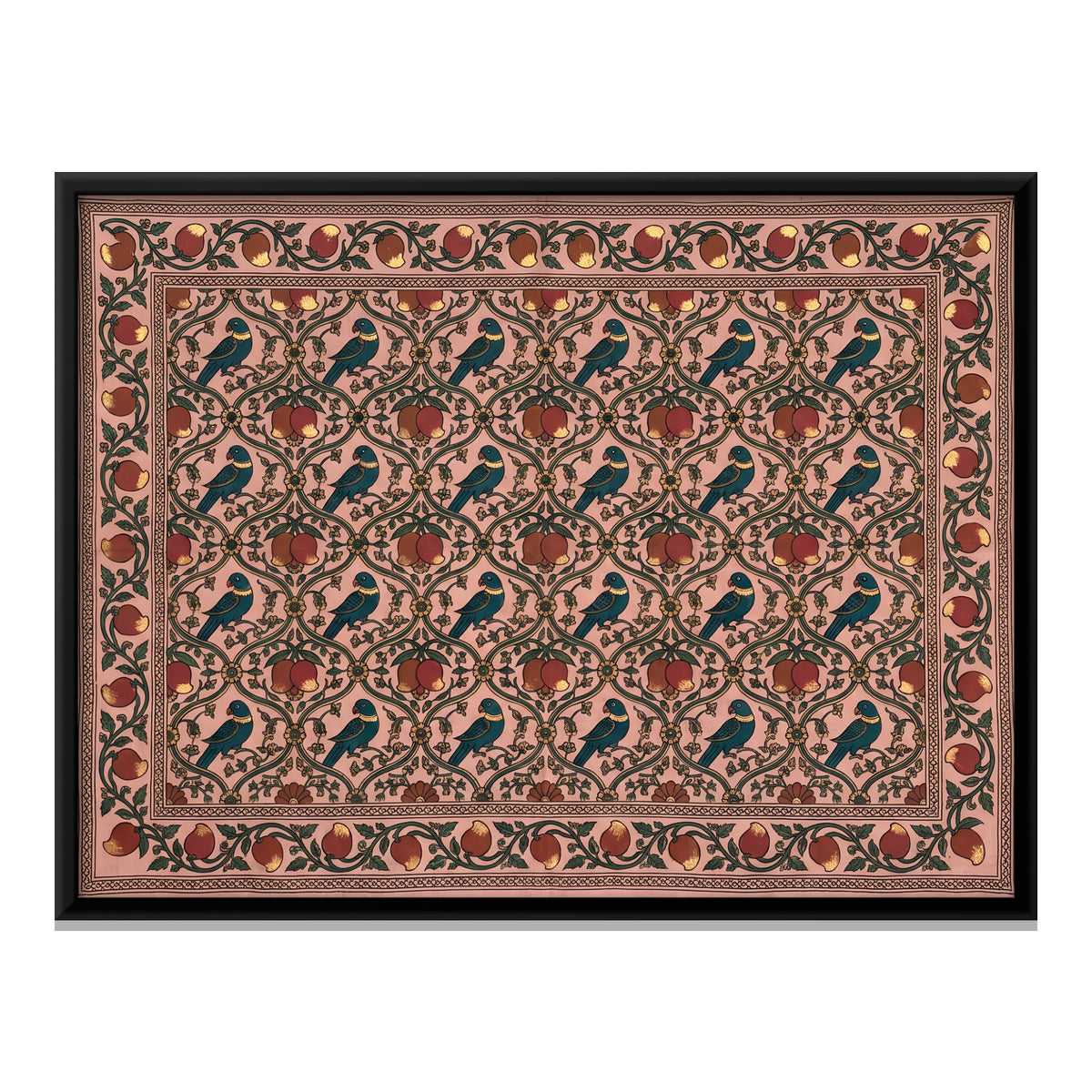 Parrots and Pomegranates - framed canvas print, front view