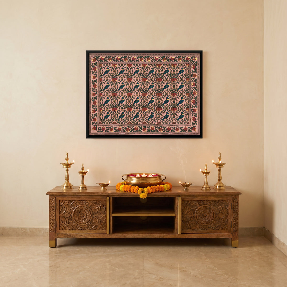 Parrots and Pomegranates - canvas art shown in a styled room