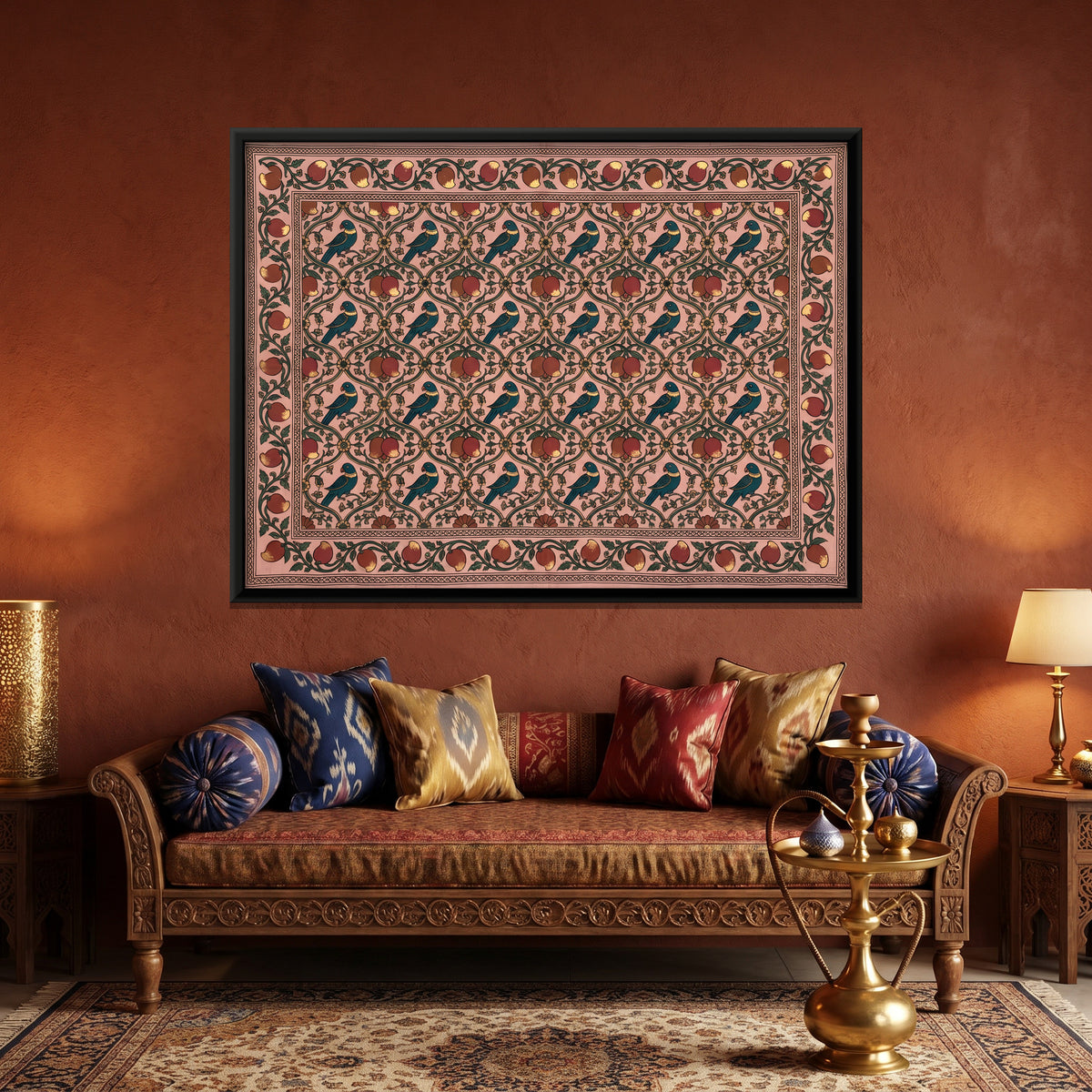 Parrots and Pomegranates - canvas art shown in a second room setting