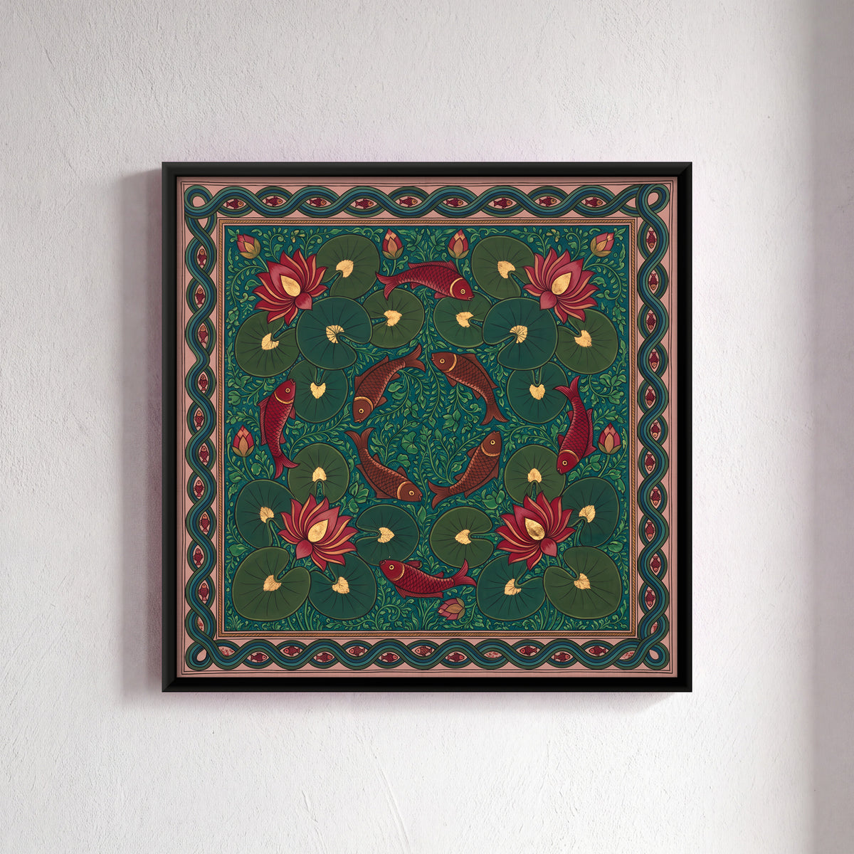 Fish and Lotus Pond - framed canvas art hung on a wall