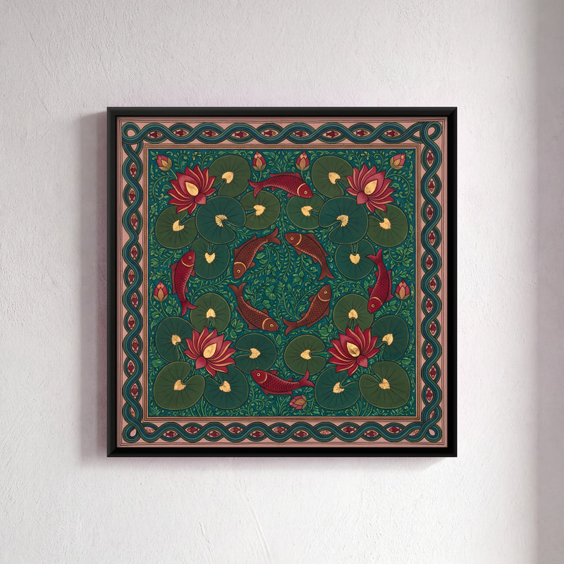 Fish and Lotus Pond - framed canvas art hung on a wall