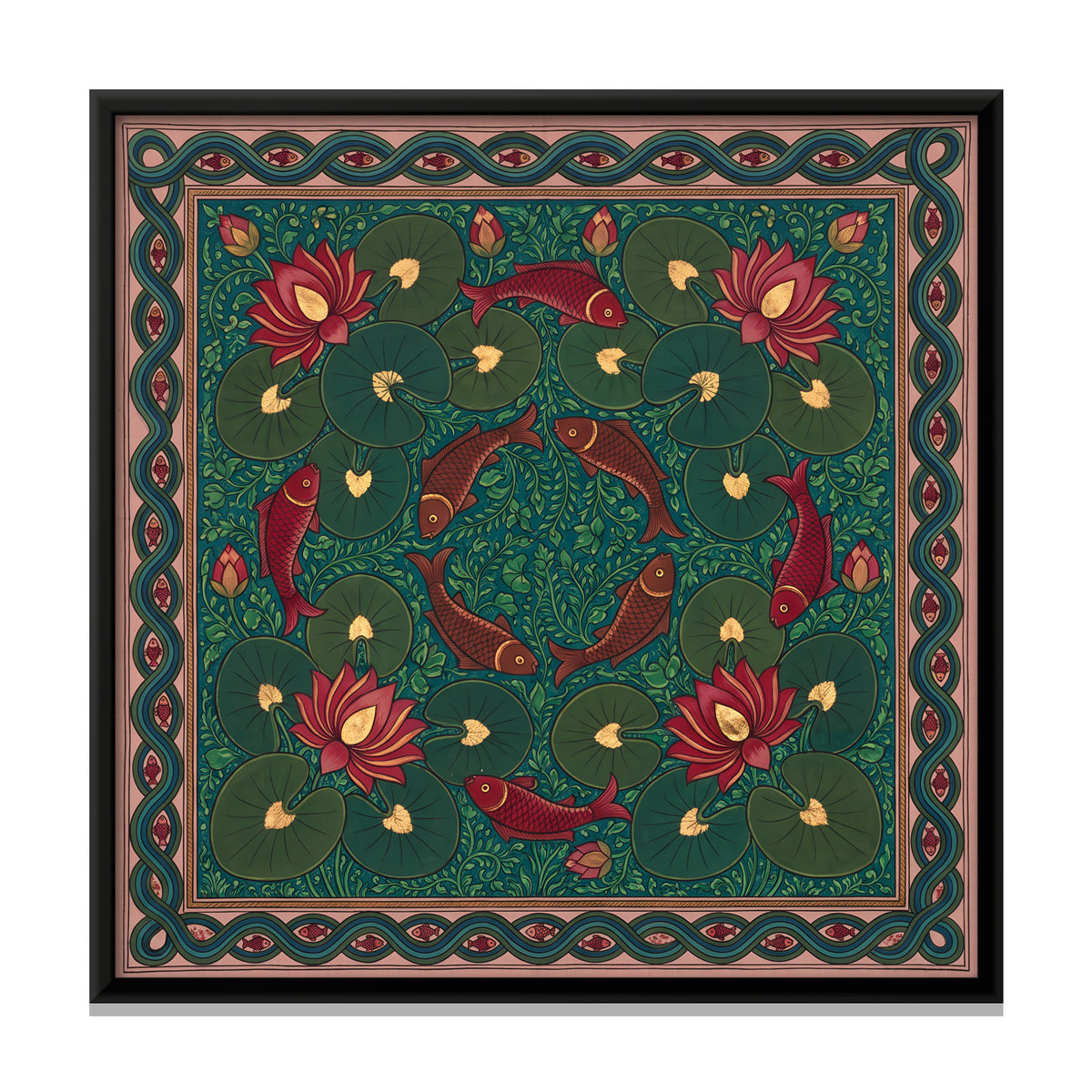 Fish and Lotus Pond - framed canvas print, front view