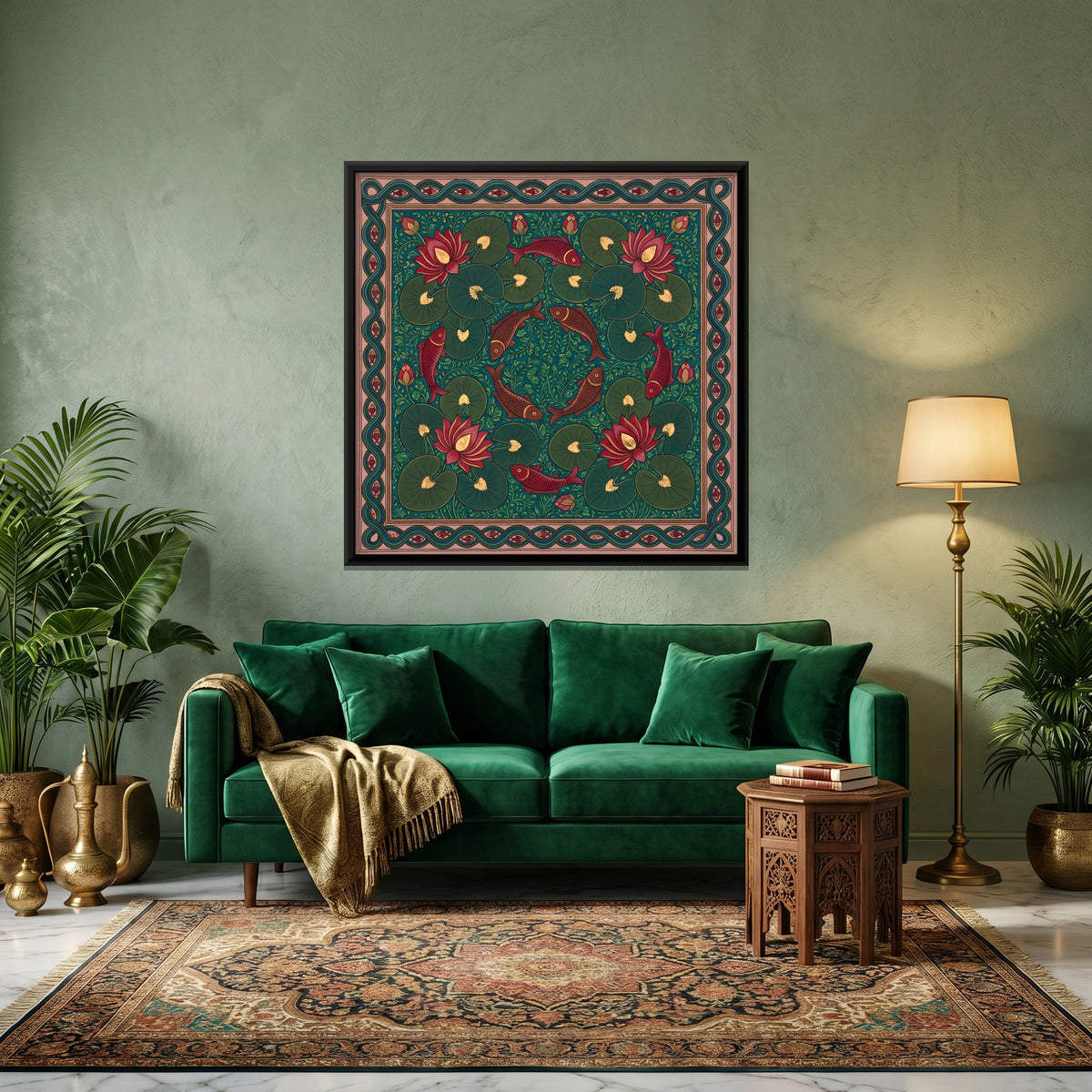 Fish and Lotus Pond - canvas art shown in a styled room