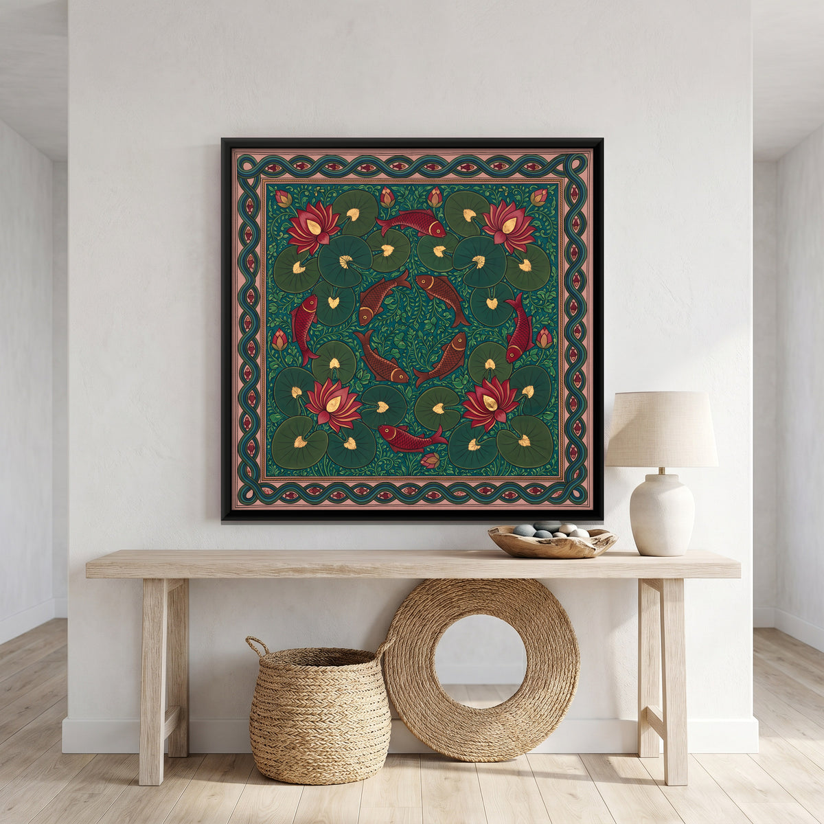Fish and Lotus Pond - canvas art shown in a second room setting